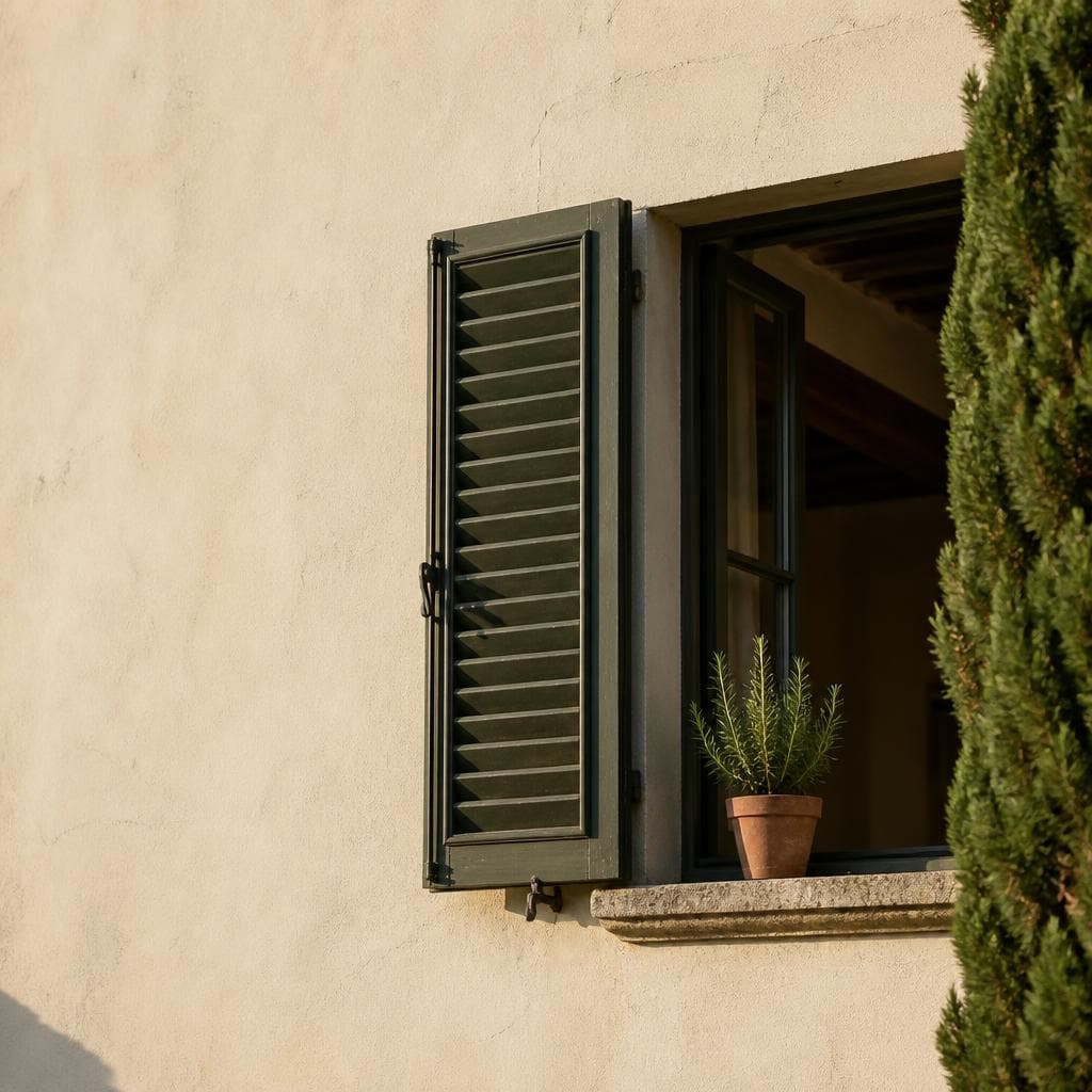 Dettaglio architettonico della stessa villa: persiana verde e davanzale in pietra